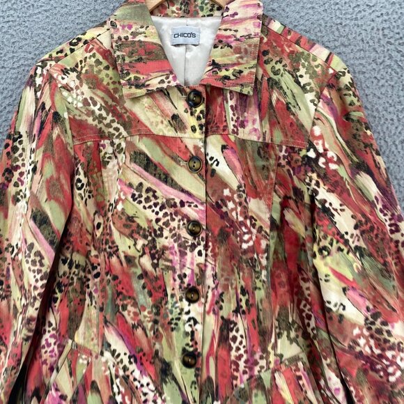 Chicos Jacket Womens 1 US Medium Green Red Multi Animal Print Shimmer Button Up - Picture 2 of 9
